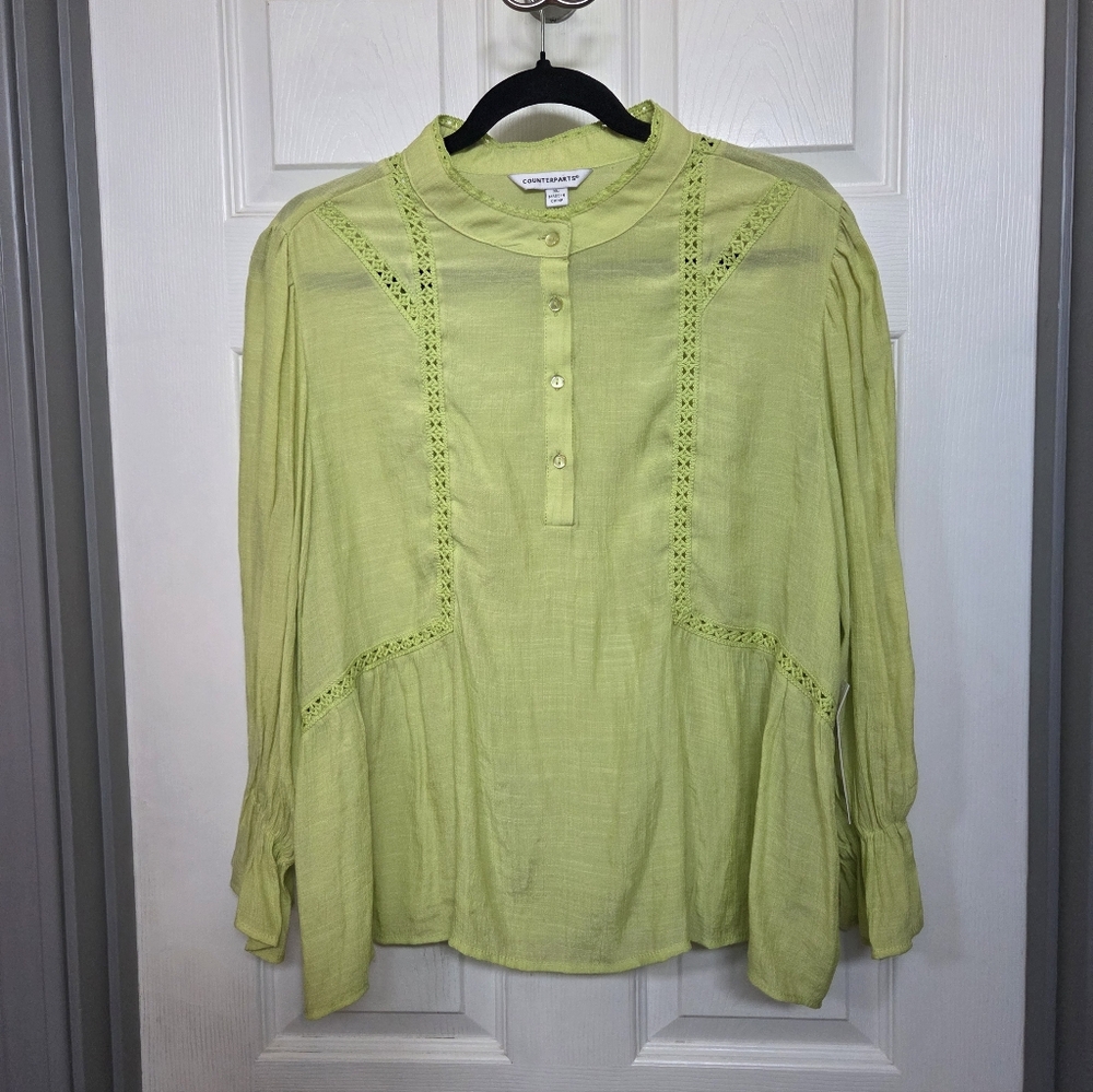 Counterparts Apple Green Blouse with Crochet Trim Peasant Resortwear Romantic XL